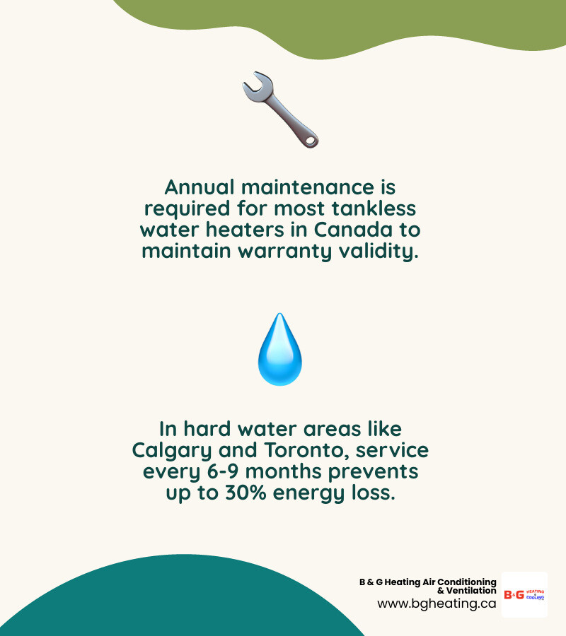 Infographic showing annual maintenance requirements for tankless water heaters in Canada with regional hard water frequency Infographic showing annual maintenance requirements for tankless water heaters in Canada with regional hard water frequency