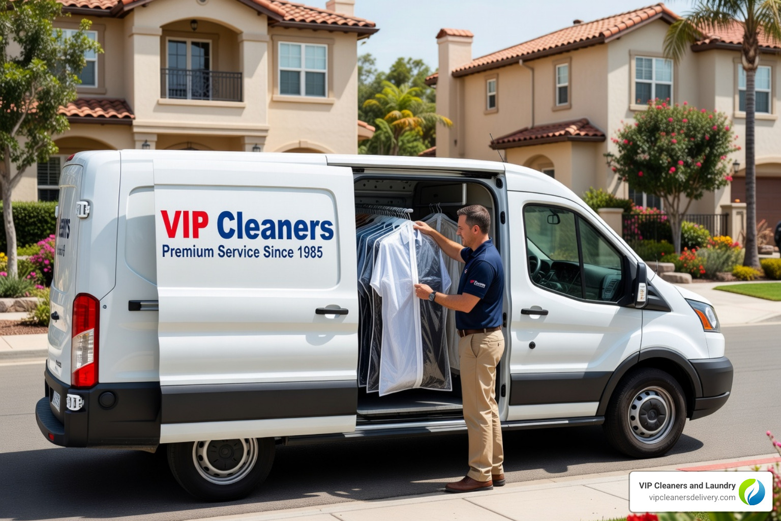 VIP Cleaners delivery van in a Rancho Bernardo planned community - Rancho Bernardo laundry service
