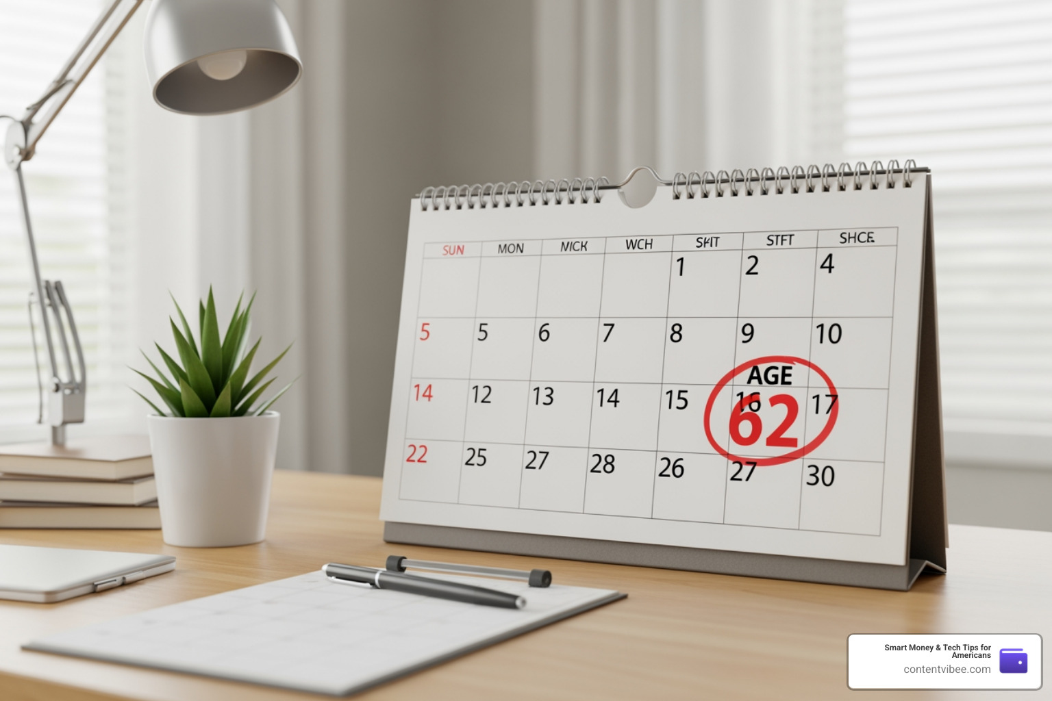 A calendar with the age 62 circled in red, symbolizing the early claiming age