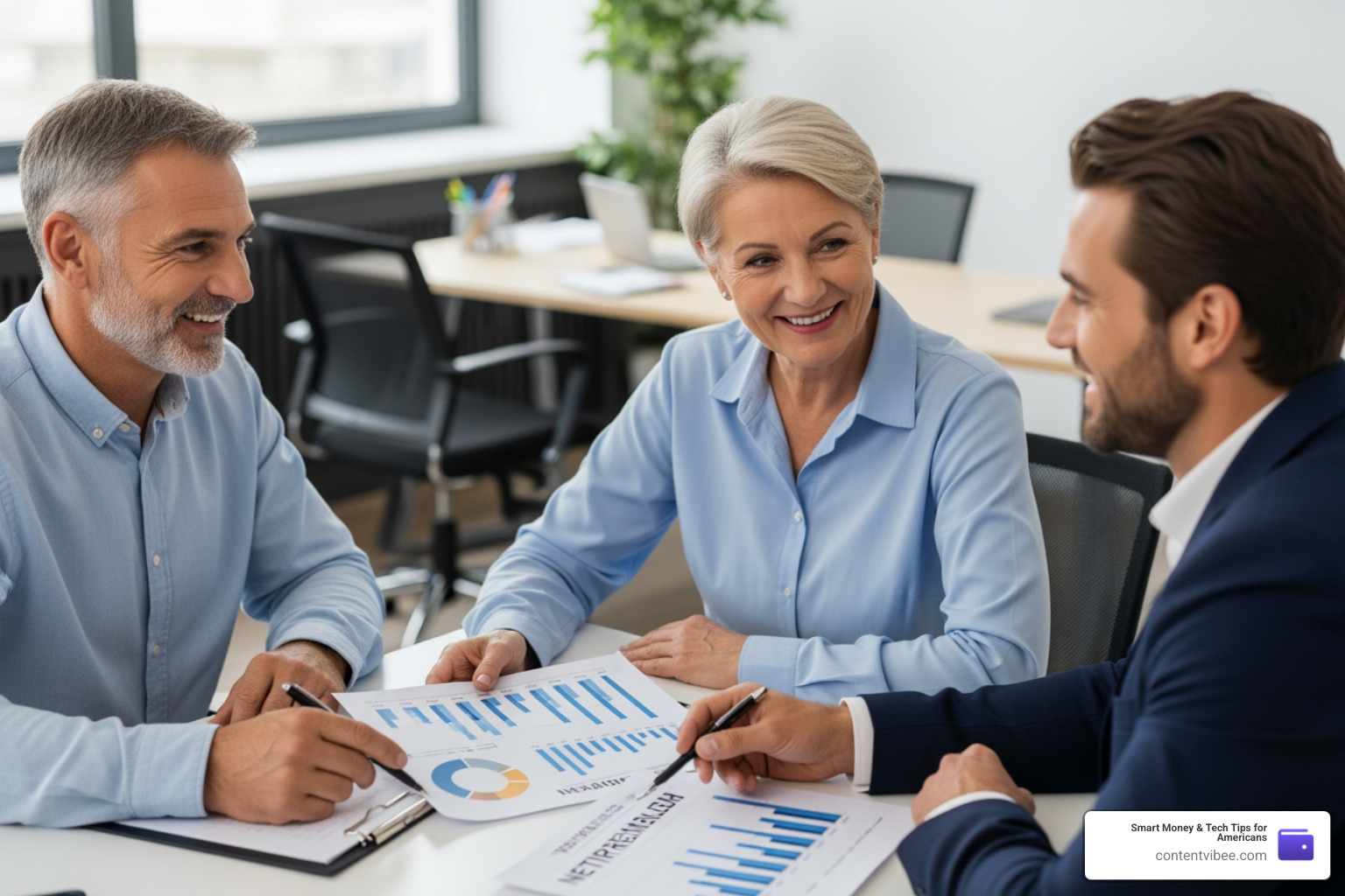 A happy couple sitting with a financial advisor, looking at retirement charts