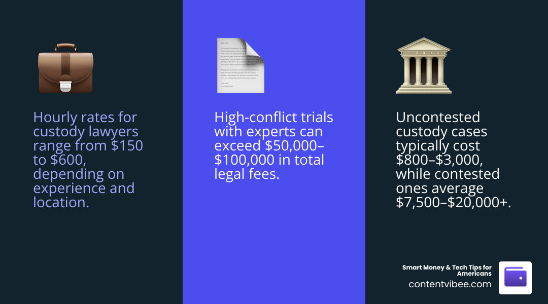 Breakdown of child custody expenses including attorney fees, filing fees, retainer, and expert witness costs infographic Breakdown of child custody expenses including attorney fees, filing fees, retainer, and expert witness costs infographic