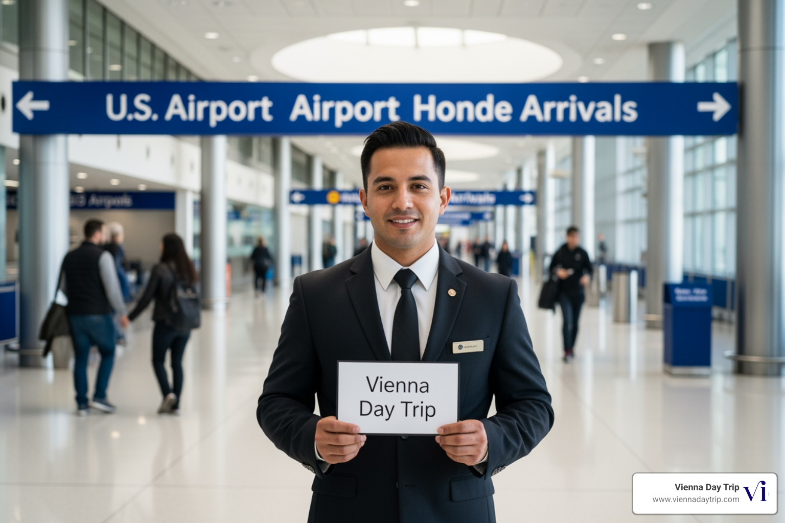Private airport transport chauffeur holding name sign at modern airport terminal