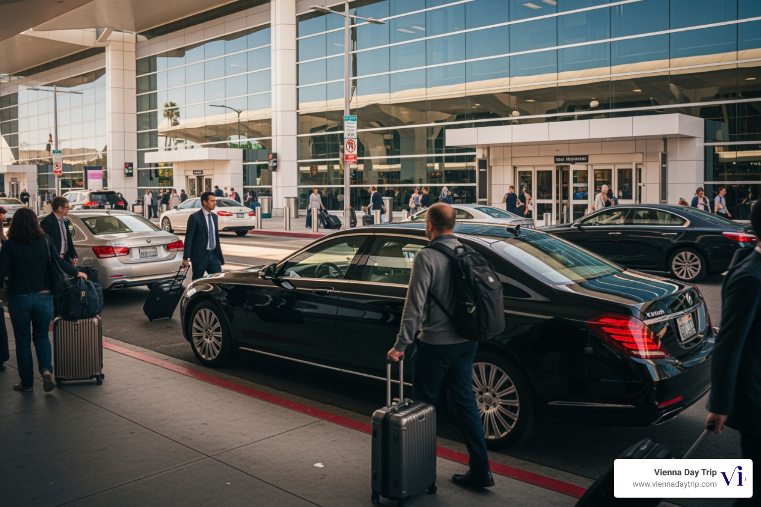 Luxury sedan parked curbside at an airport