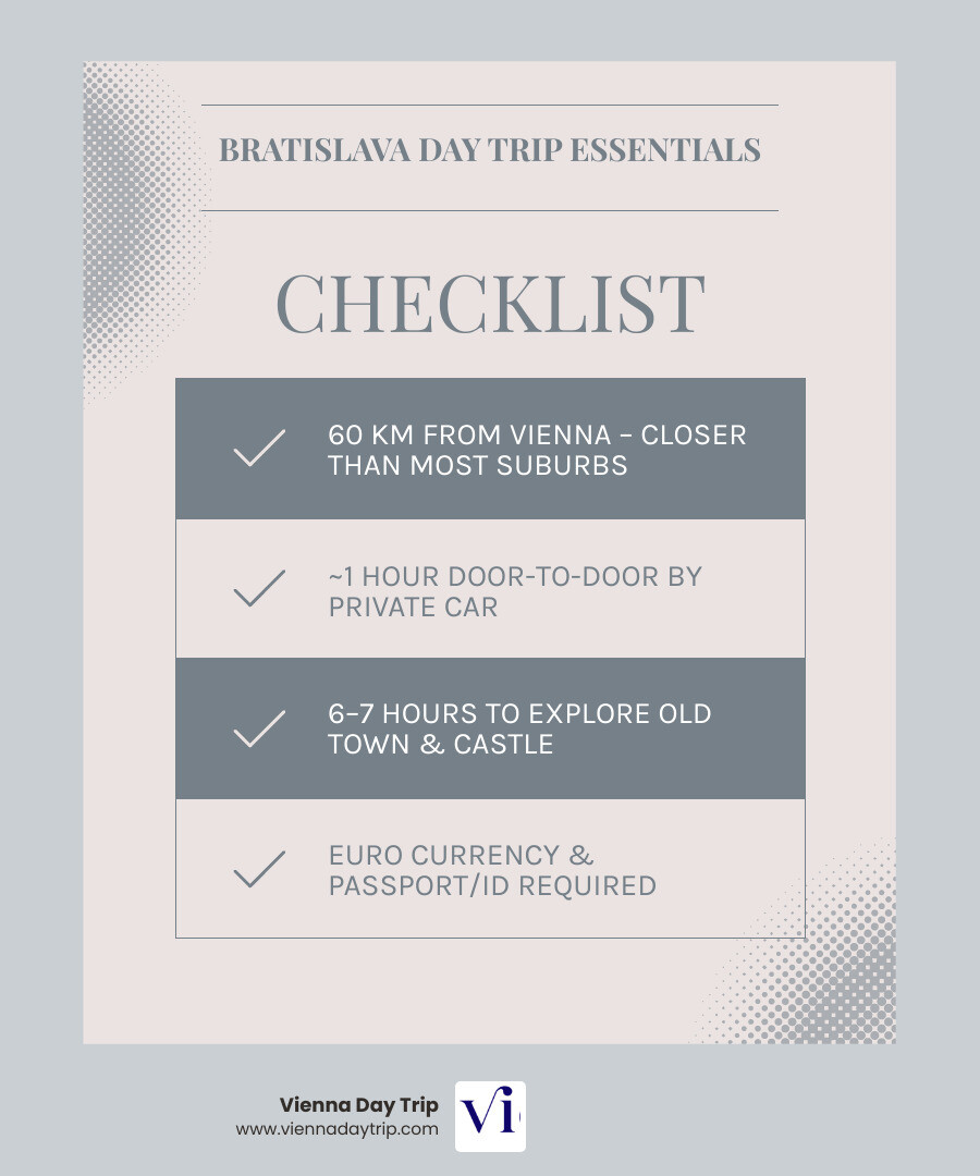 1-day Bratislava itinerary timeline from Vienna with transport options and key stops infographic 1-day Bratislava itinerary timeline from Vienna with transport options and key stops infographic