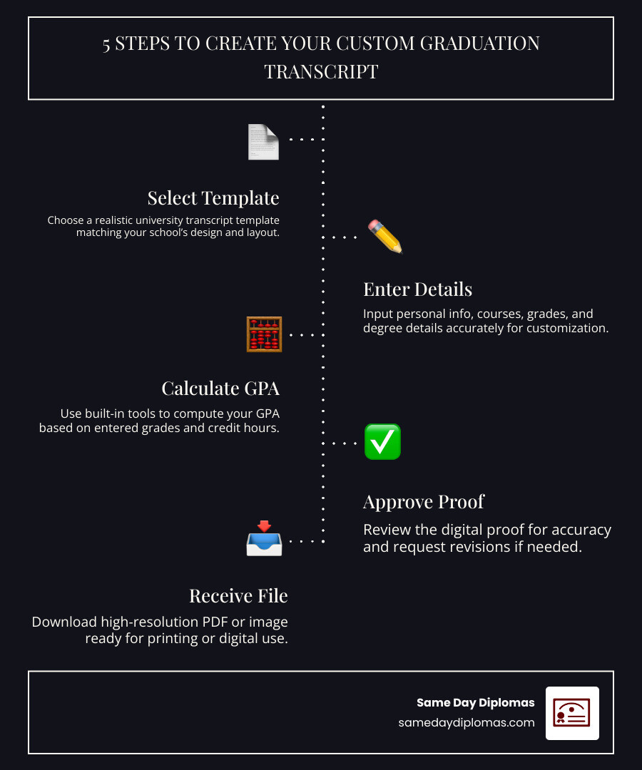 Steps of custom graduation transcript maker process: select template, enter details, calculate GPA, approve proof, receive