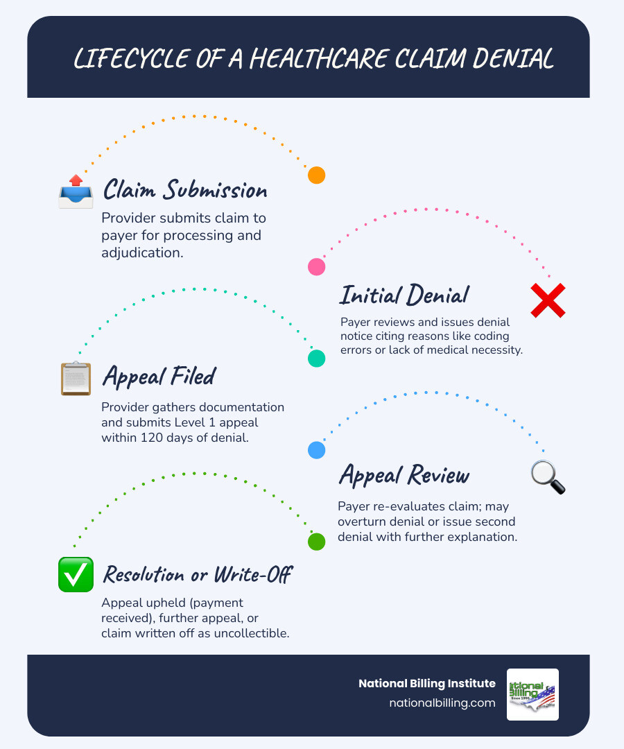 Lifecycle of a healthcare claim denial from submission to resolution or write-off - denials and appeals management