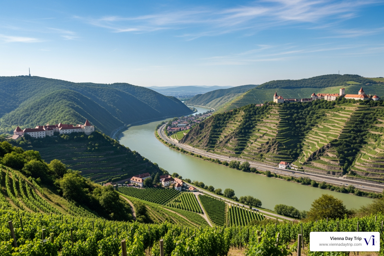 Wachau Valley from Vienna, Danube River winding through terraced vineyards