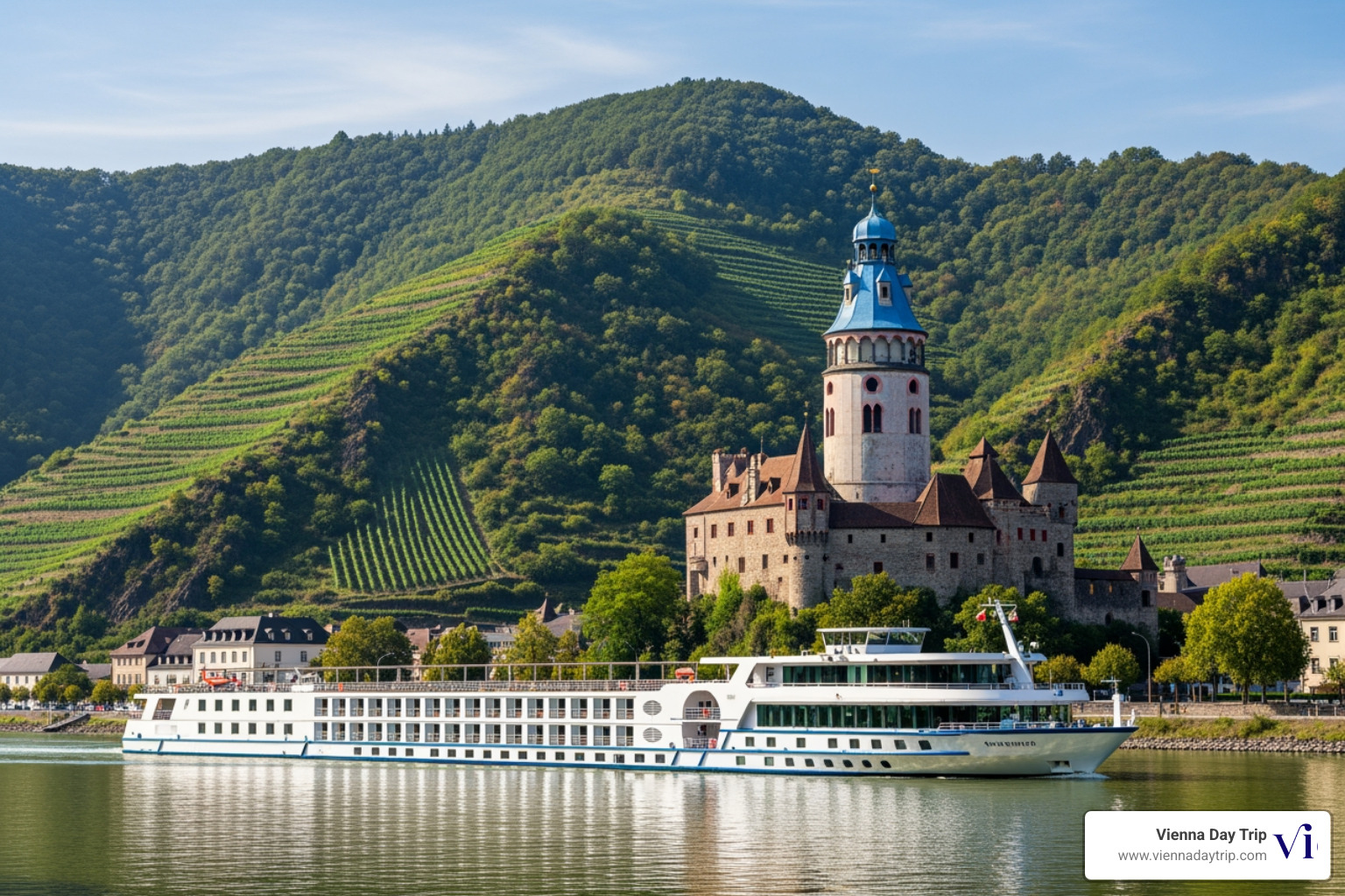 A white cruise ship passing the blue tower of Dürnstein on the Danube River