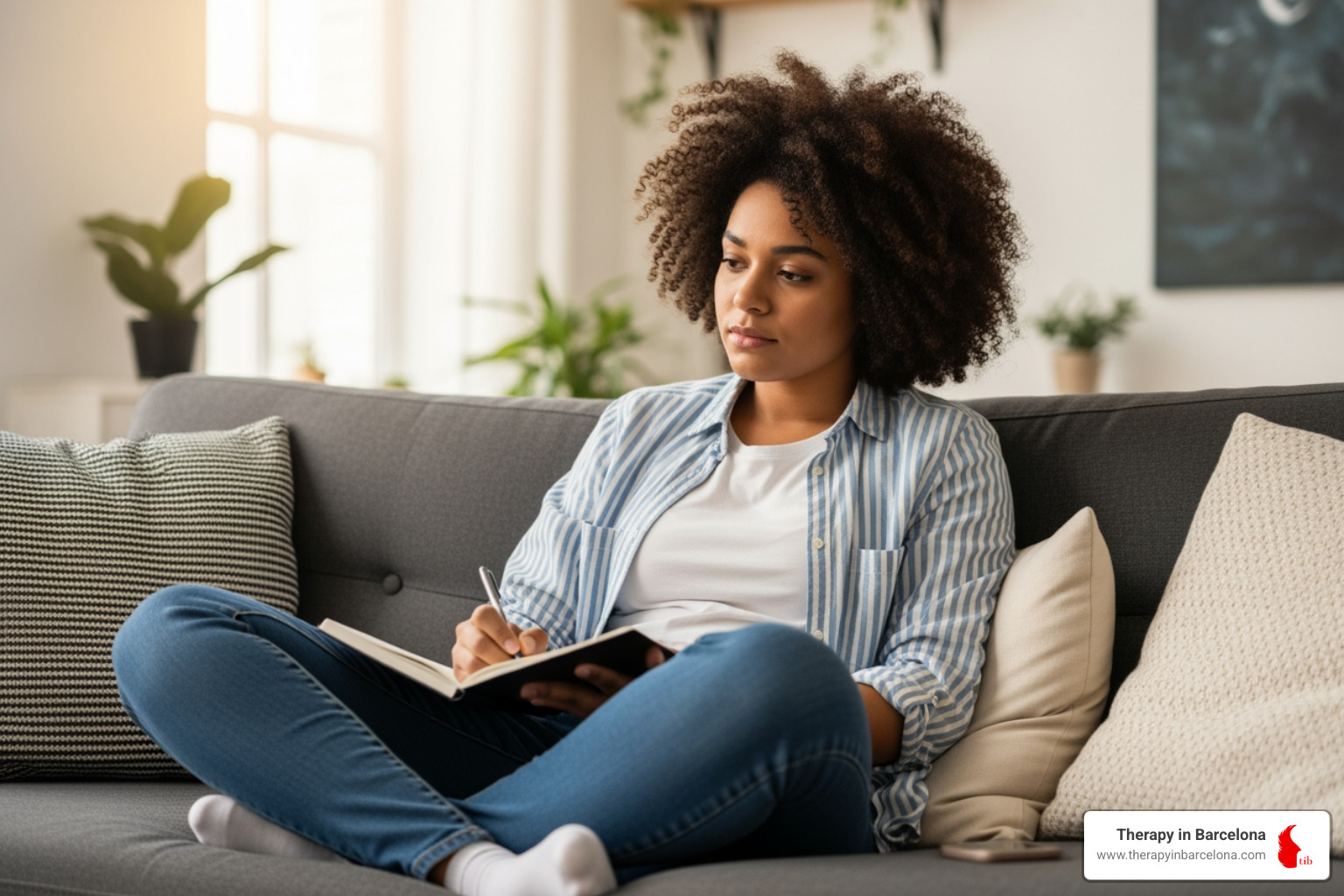 A person sitting on a sofa journaling before their therapy session to prepare their thoughts A person sitting on a sofa journaling before their therapy session to prepare their thoughts