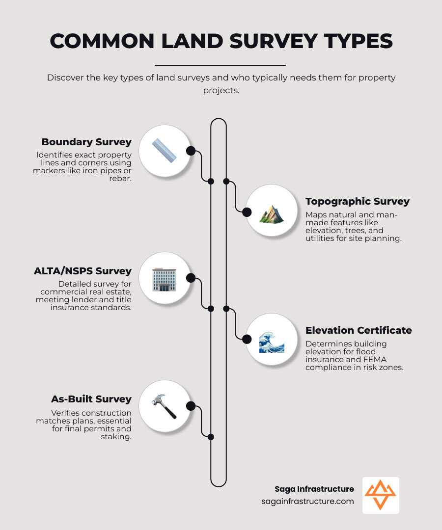 Infographic comparing common land survey types and who typically needs each one infographic