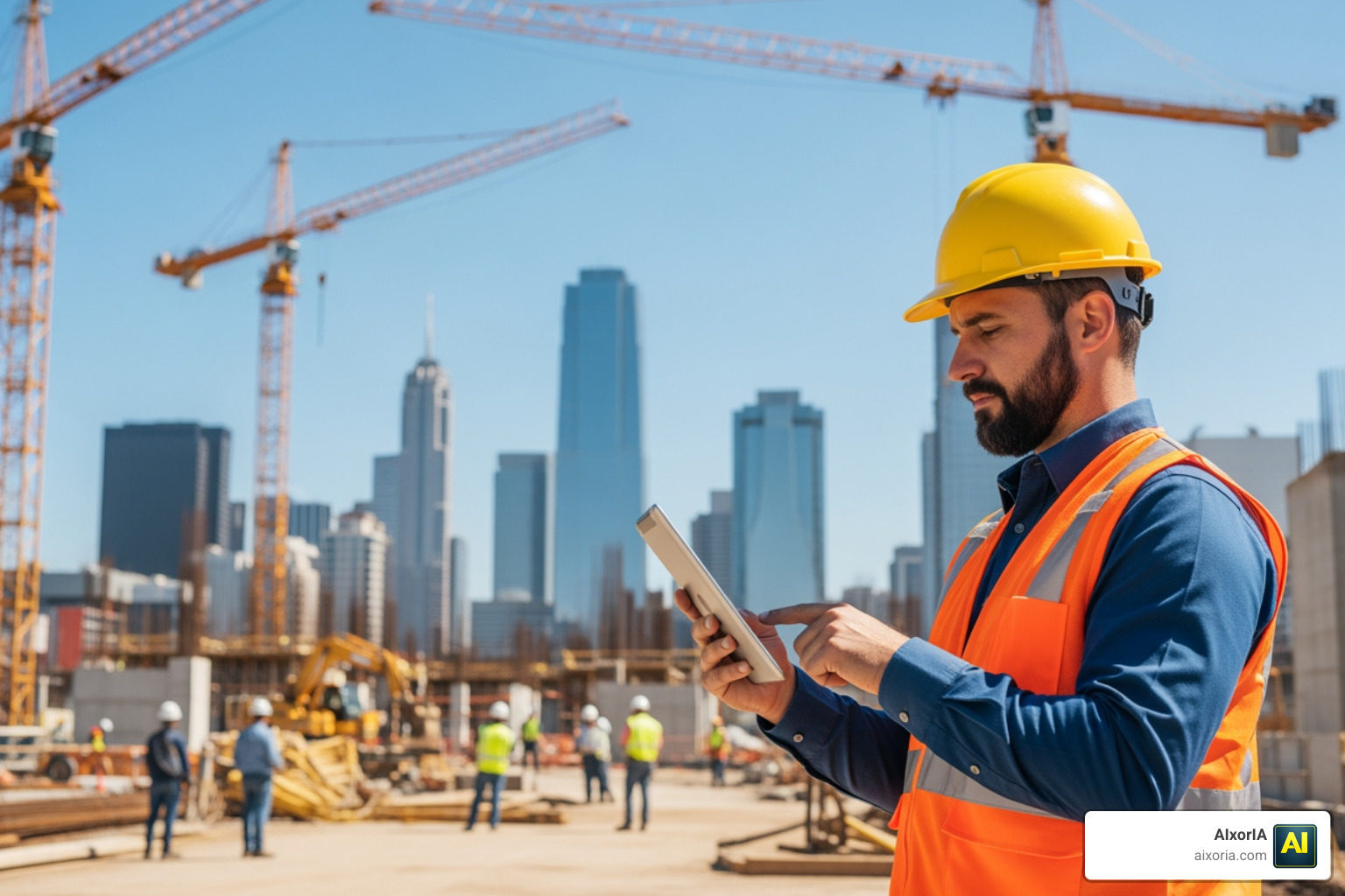 Project manager using a tablet for real-time site monitoring on a busy construction site
