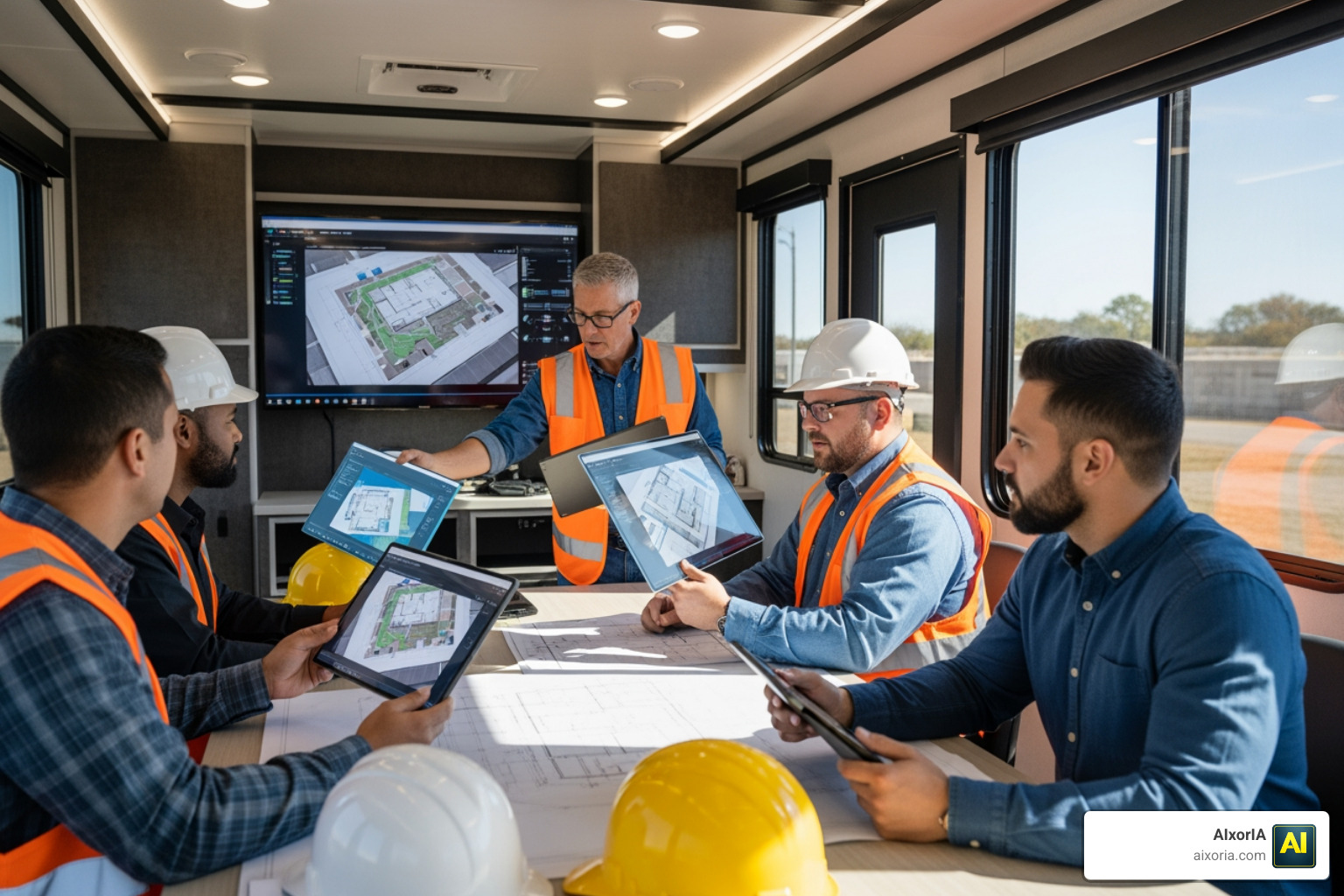 Construction team reviewing AI-generated blueprints and 3D models