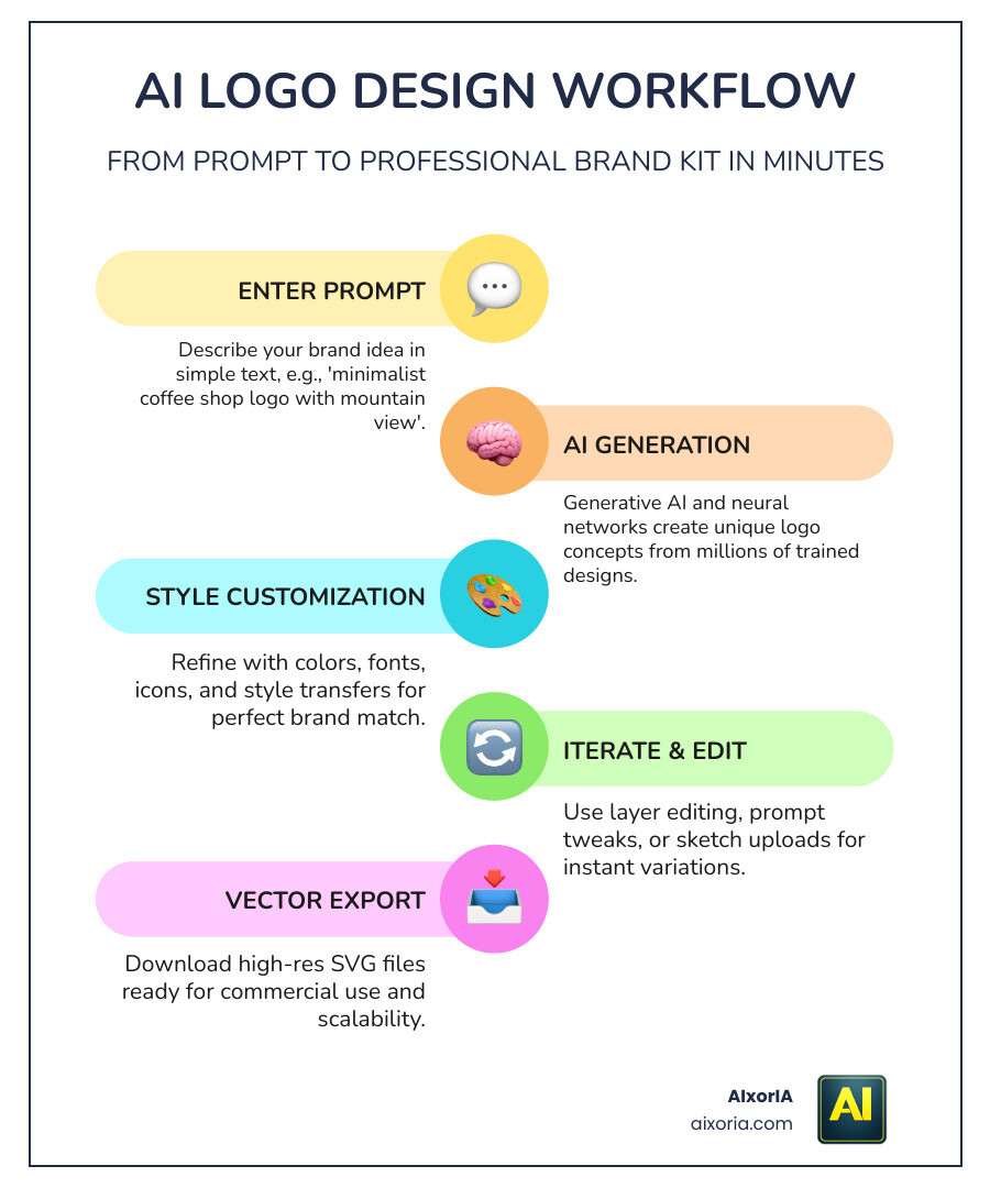 AI logo design workflow from prompt to brand kit infographic infographic
