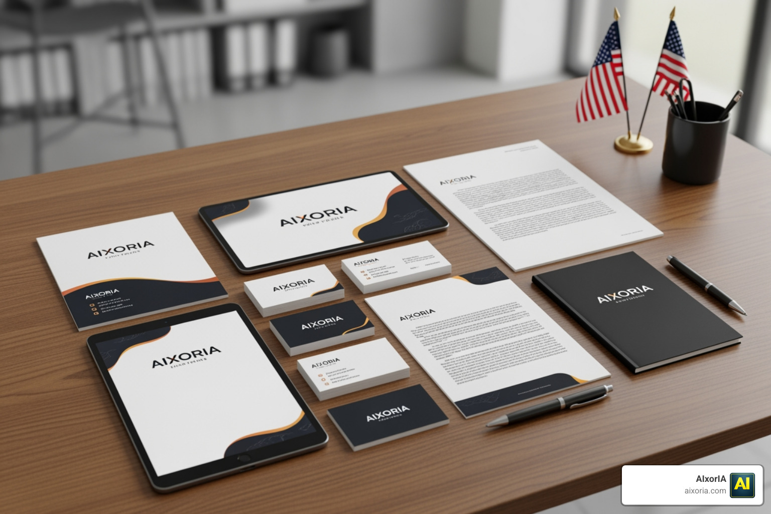 Professional brand kit layout including business cards and social assets