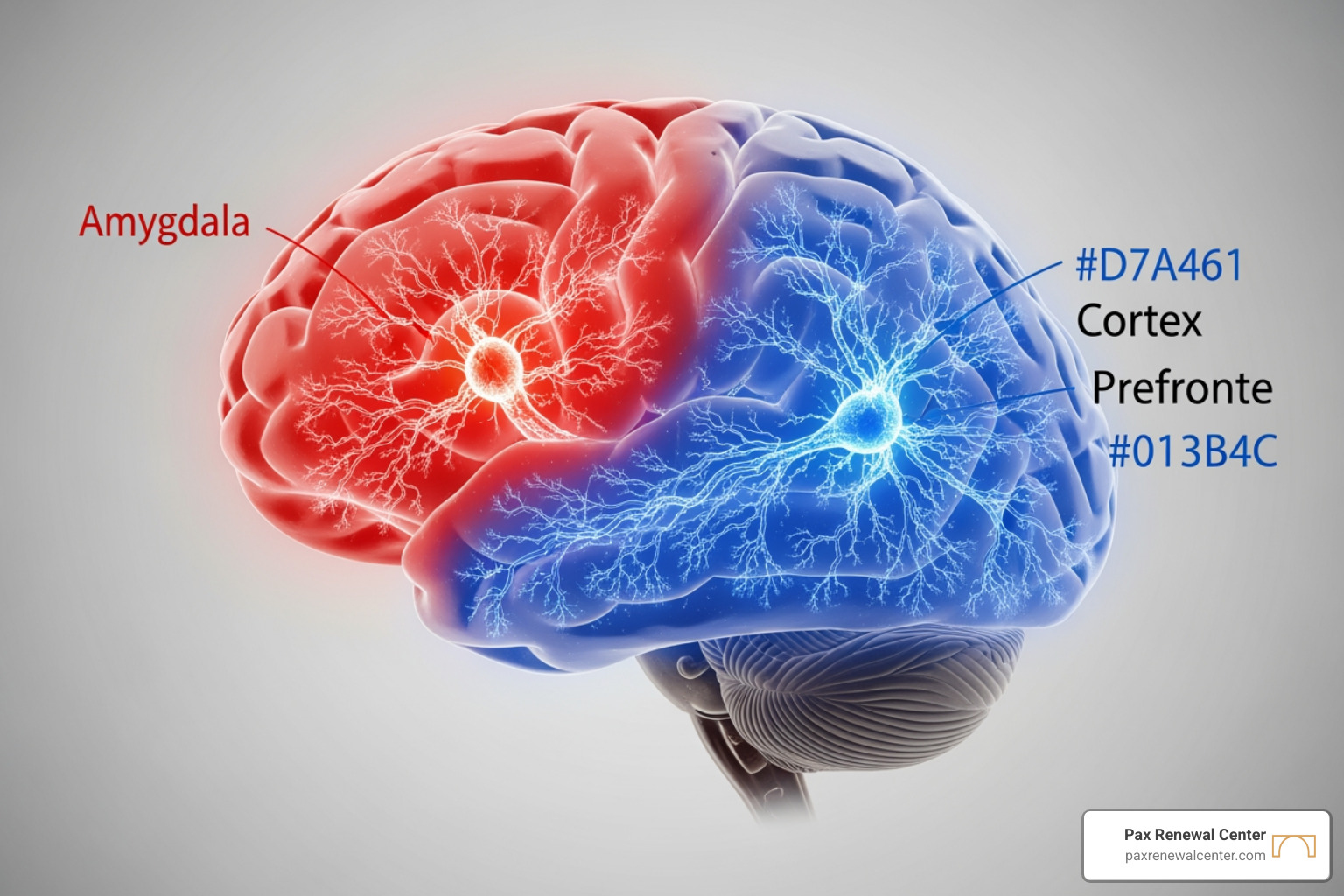 Diagram of the human brain highlighting the amygdala and prefrontal cortex during conflict