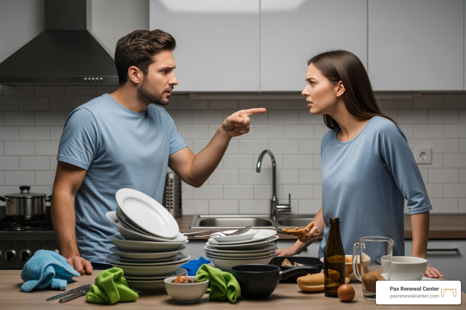 A couple in a kitchen looking stressed while arguing over a pile of dishes and household chores
