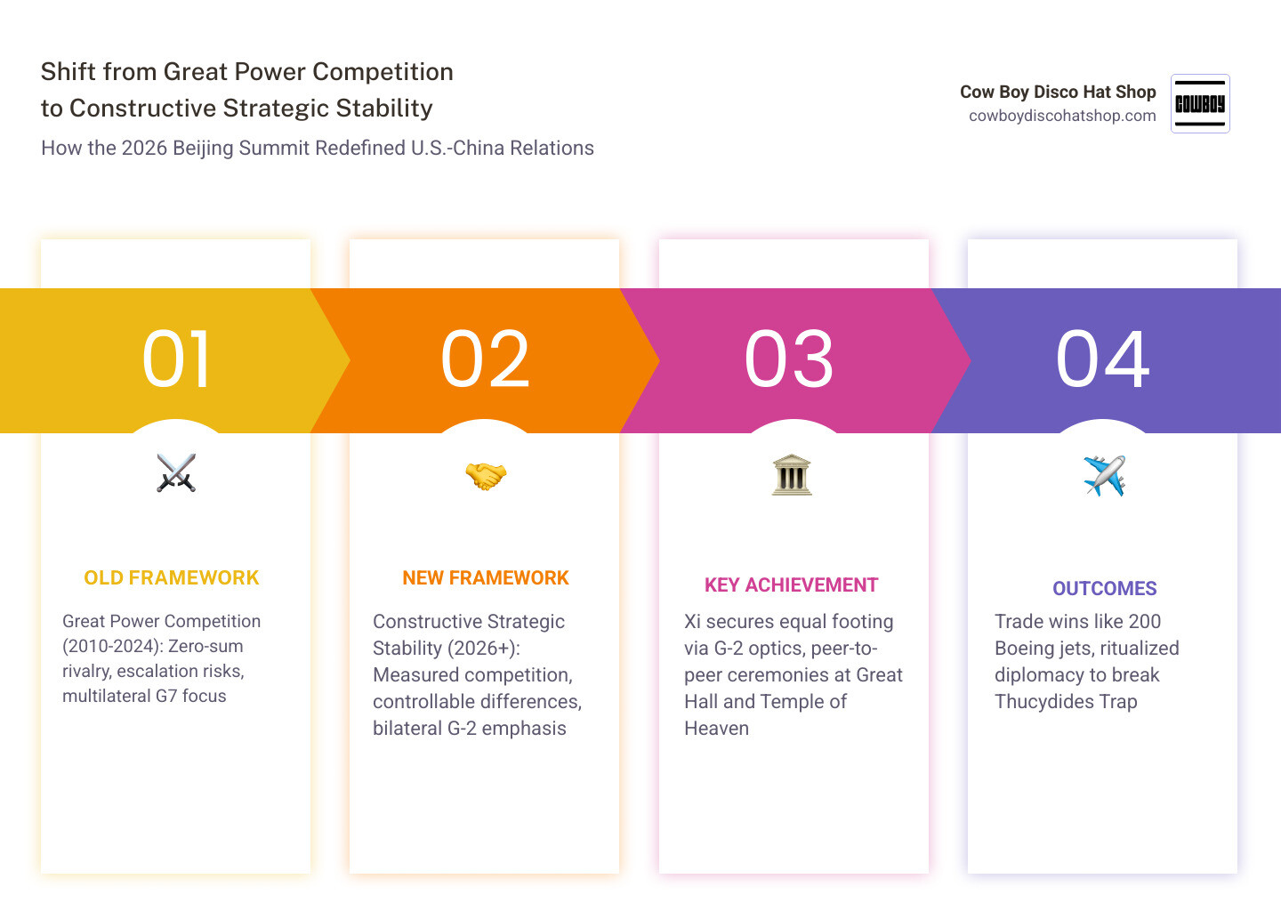Infographic showing shift from Great Power Competition framing to Constructive Strategic Stability after 2026 Beijing summit