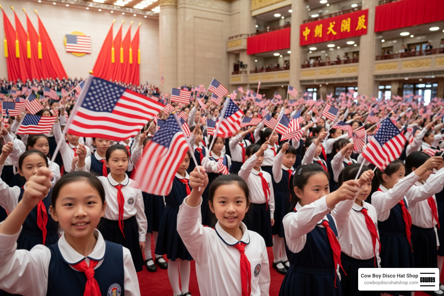 Welcome ceremony in Beijing featuring schoolchildren waving U.S. and Chinese flags