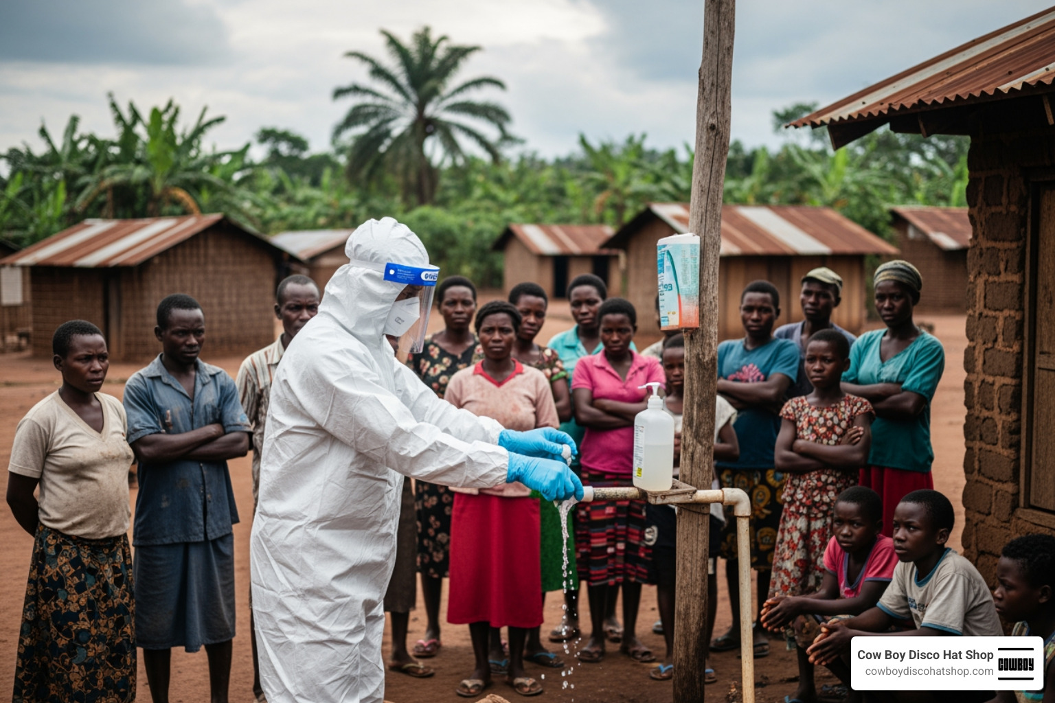 Health worker demonstrating proper hand-washing and sanitation techniques to a community in Ituri