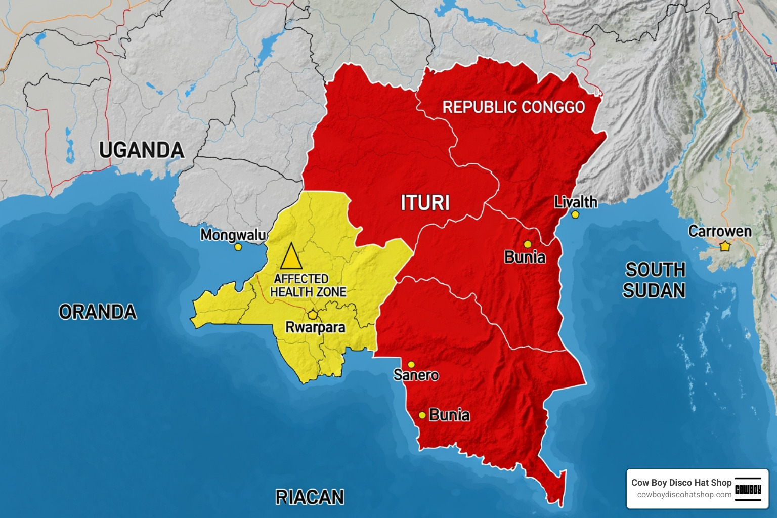 Map of eastern DR Congo highlighting Ituri province and the affected health zones of Mongwalu and Rwampara