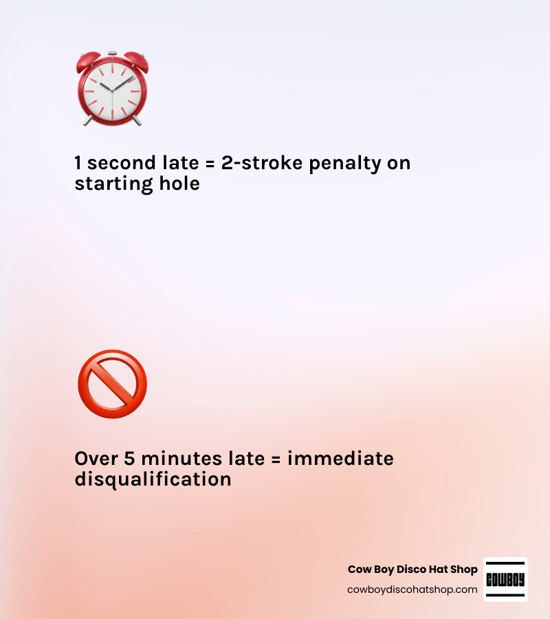 Table comparing penalty vs disqualification thresholds: Arriving within 5 minutes = 2 strokes; Arriving after 5 minutes = DQ