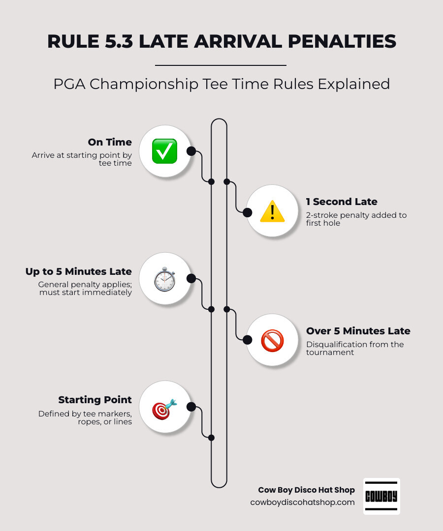Infographic showing Rule 5.3 penalty window: 1 second late = 2 strokes, over 5 minutes late = disqualification infographic