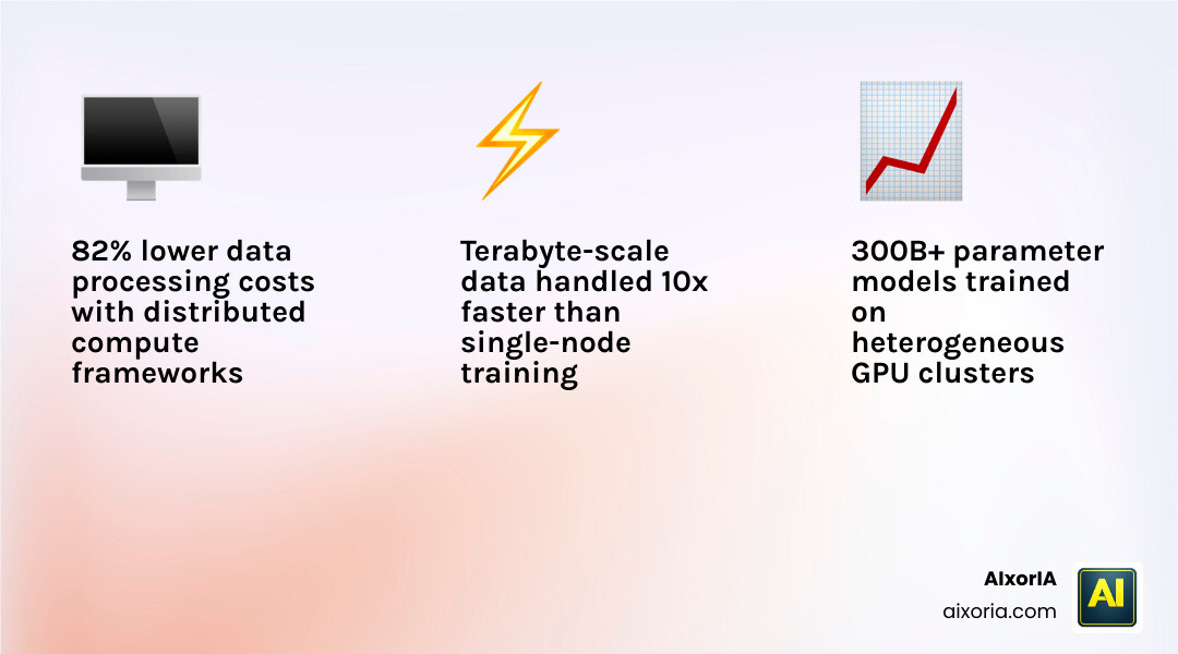 Infographic showing the cost-benefit of distributed compute vs single-node training for large ML models infographic