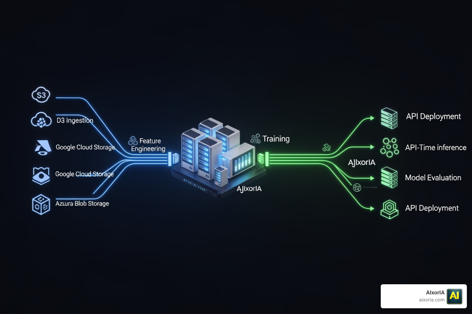 A cloud-native MLOps pipeline showing seamless integration between data storage, model training, and API deployment