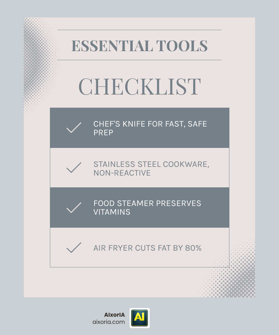 Benefits of healthy cooking tools for nutrition, safety, and meal prep efficiency infographic