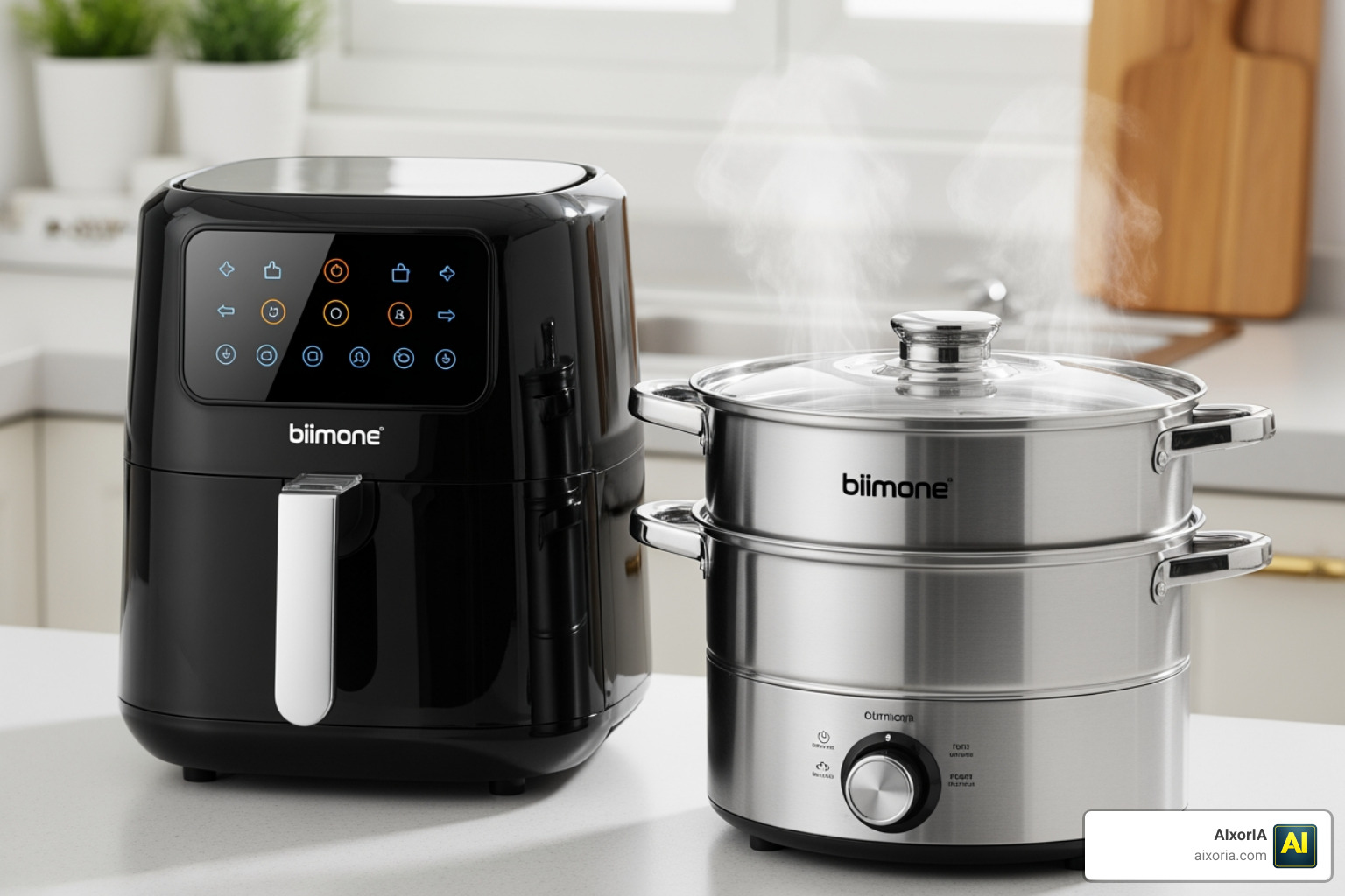digital air fryer and a two-tier food steamer