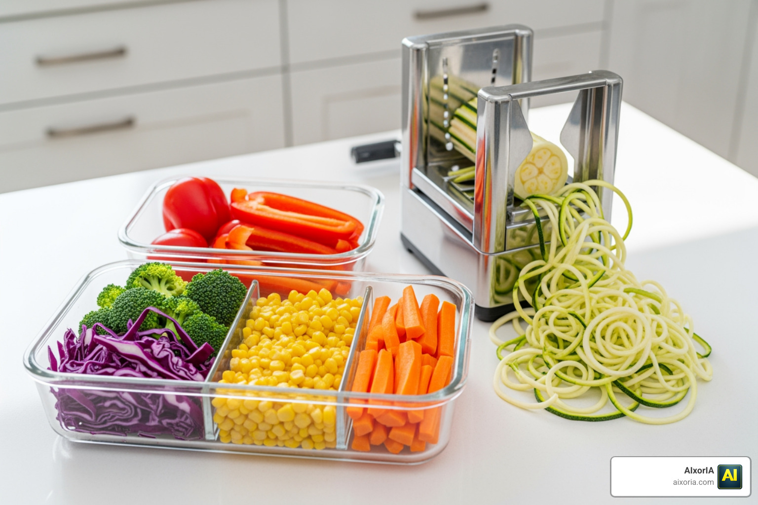 glass meal prep containers and a vegetable spiralizer