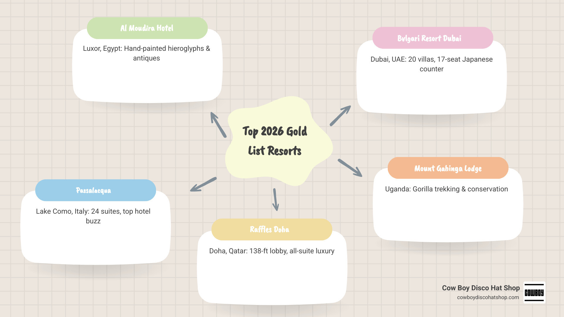 infographic comparing top 2026 Gold List luxury resorts by region, price, and standout feature infographic