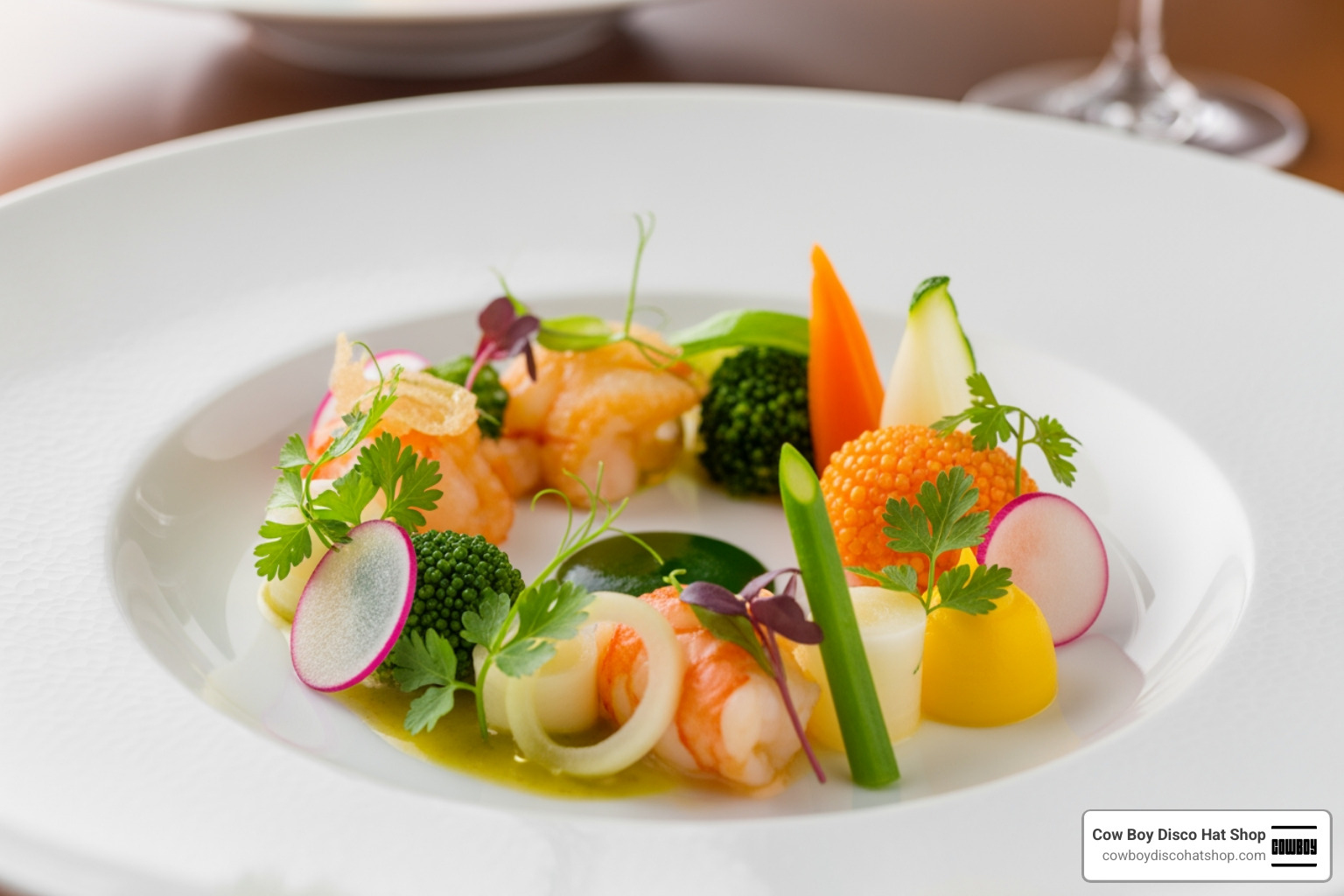 A Michelin-starred dish at a luxury resort featuring intricate plating and local ingredients