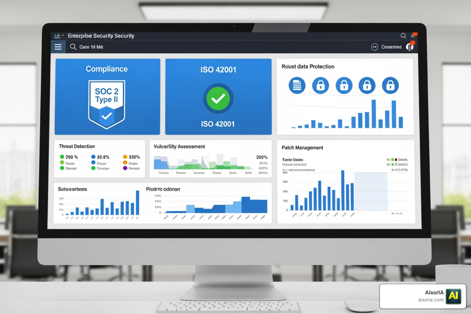 Secure enterprise dashboard showing SOC 2 and ISO 42001 compliance