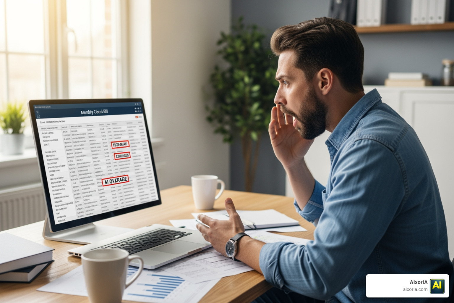 Developer analyzing a monthly cloud bill with high AI overages