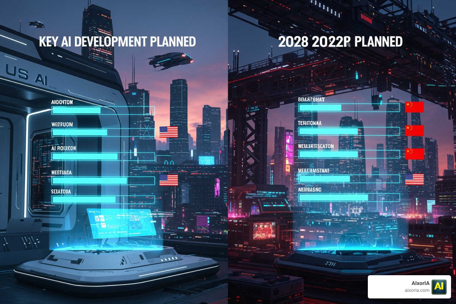 futuristic 2028 timeline showing AI development milestones for US and China