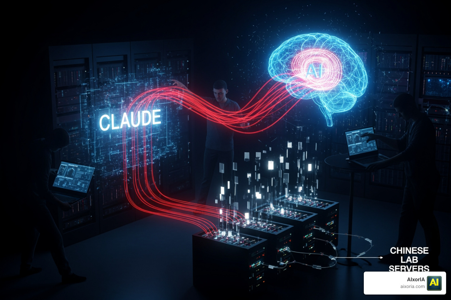 data siphoning visualization showing Chinese labs mining Claude AI data