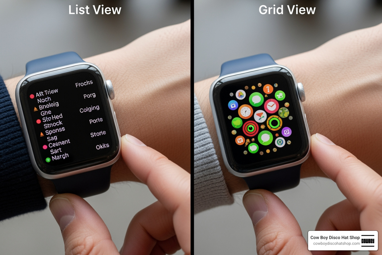 Comparison of List View vs Grid View on Apple Watch screen