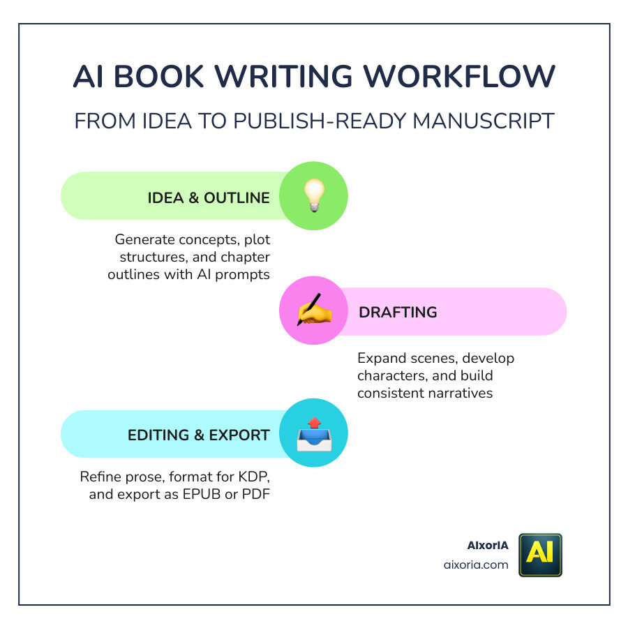 AI book writing workflow from idea and outline to draft, editing, and EPUB or PDF export infographic