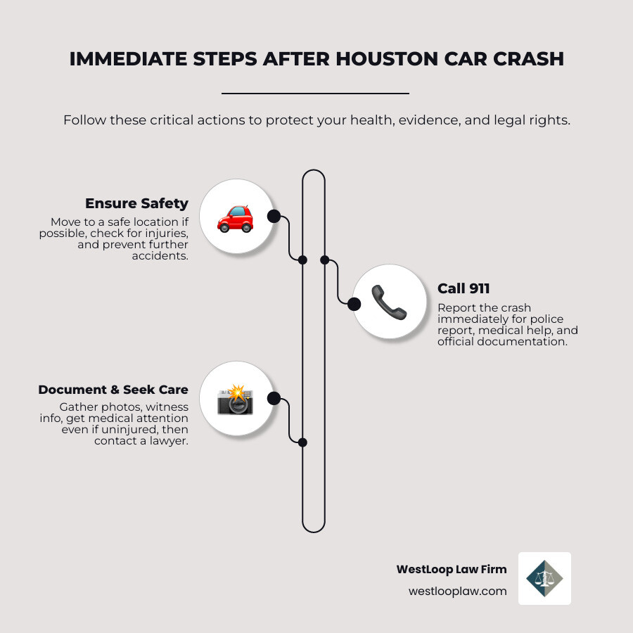 Infographic showing immediate steps after a Houston car accident and key legal facts infographic Infographic showing immediate steps after a Houston car accident and key legal facts infographic