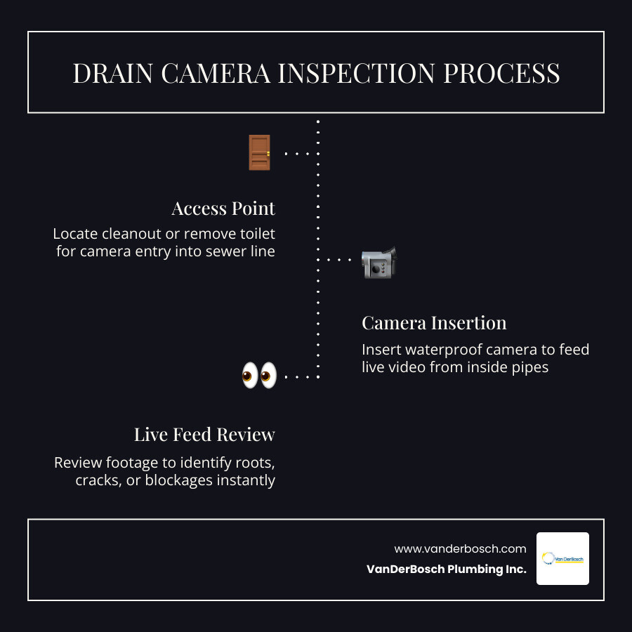 Step-by-step drain camera inspection process infographic showing access, camera insertion, live feed review, and report Step-by-step drain camera inspection process infographic showing access, camera insertion, live feed review, and report