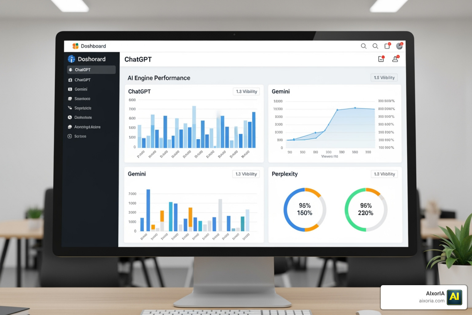 Dashboard comparing AI engine performance across ChatGPT, Gemini, and Perplexity