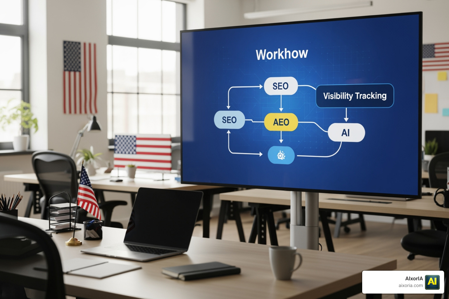 Marketing workflow diagram showing integration of SEO, AEO, and AI visibility tracking