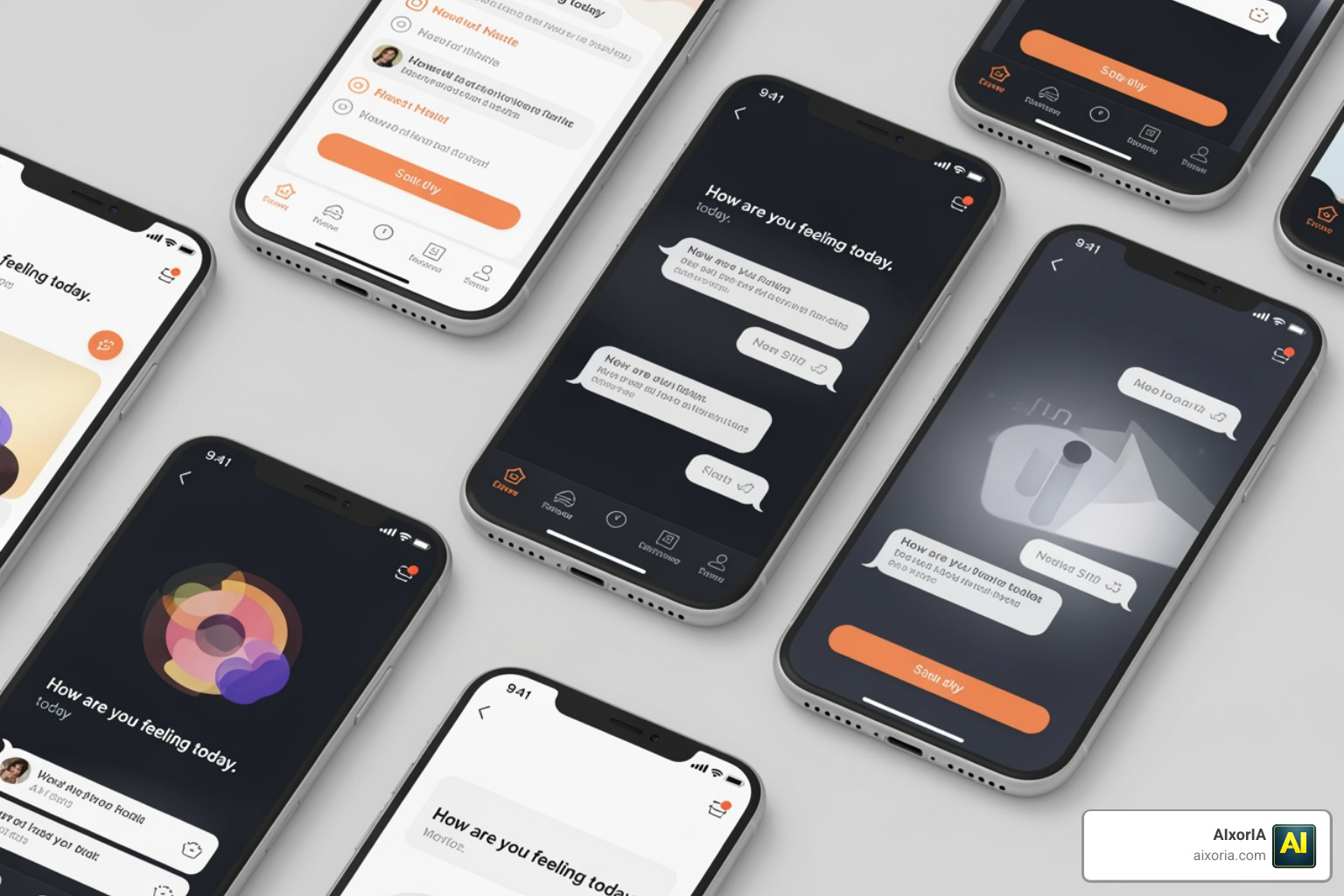 Interfaces of top-rated mental health apps showing clean designs and empathetic chat windows