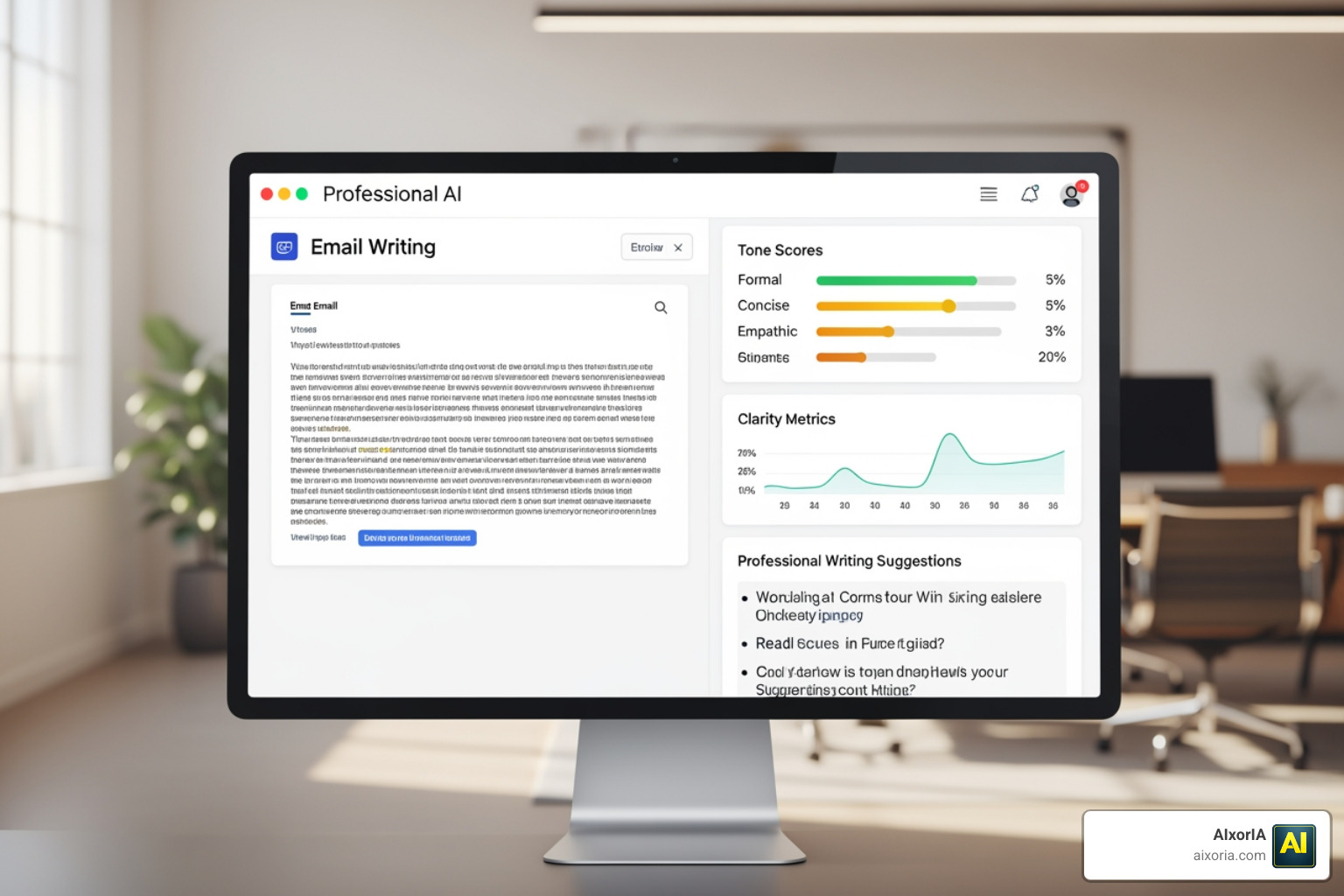 AI dashboard showing tone scores, clarity metrics, and professional writing suggestions