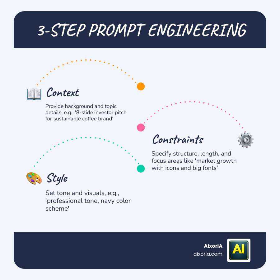 Infographic showing the 3-step prompt engineering process: Context, Constraints, and Style infographic