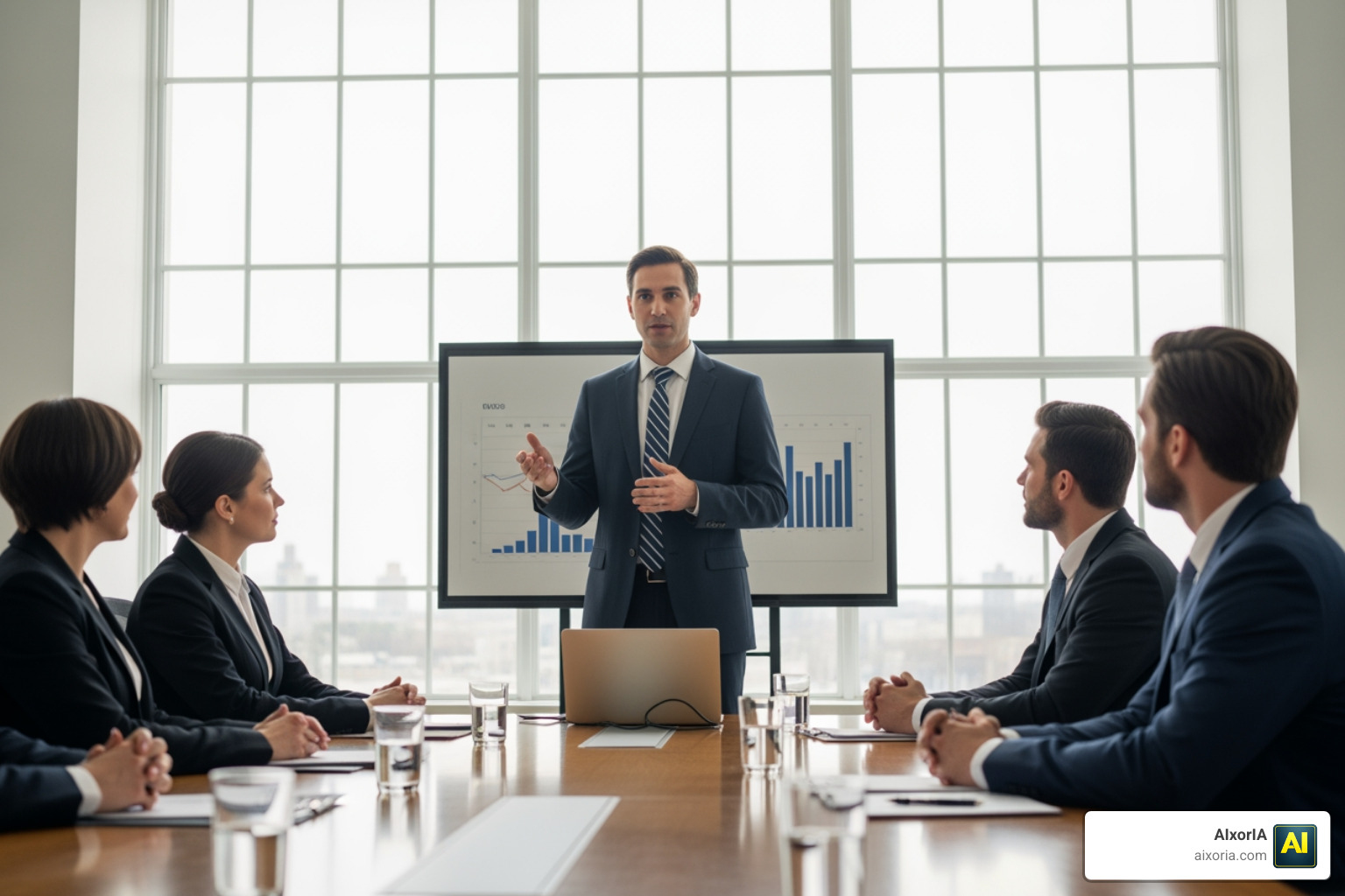 Professional presentation being delivered in a clean corporate boardroom