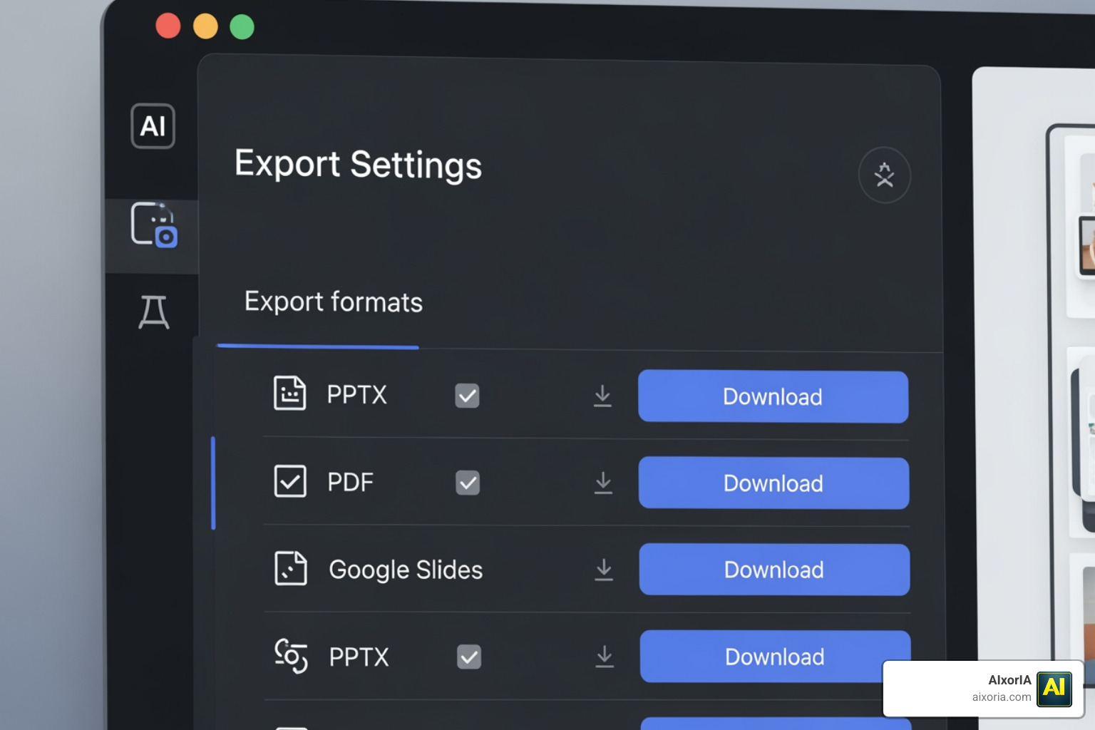Export settings menu showing PPTX, PDF, and Google Slides options
