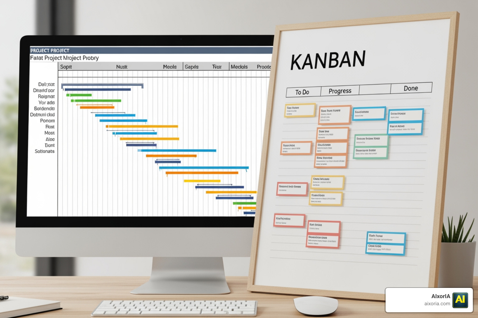 Side-by-side view of a Gantt chart for timelines and a Kanban board for task stages Side-by-side view of a Gantt chart for timelines and a Kanban board for task stages