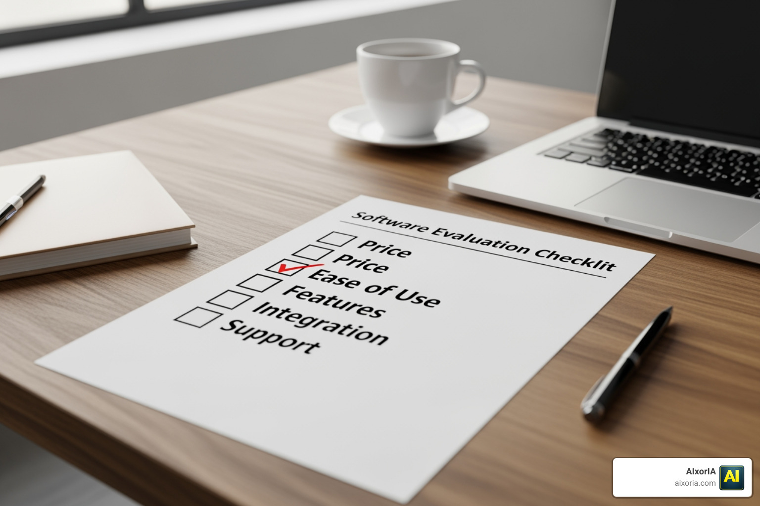 A software evaluation checklist showing criteria like price, ease of use, and features A software evaluation checklist showing criteria like price, ease of use, and features